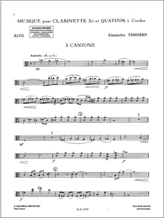 Musique - clarinette et quatuor à cordes - Parties - Alexandre Tansman